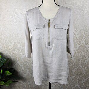 Ellen Tracy Sz Medium Cream Blouse Zip Front Tab Roll Sleeves 100% Linen Pockets